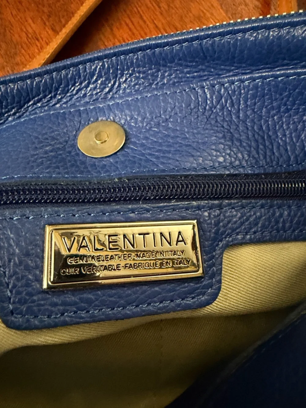 Valentina Triple Entry Pebbled Blue Leather Crossbody with Tan Strap